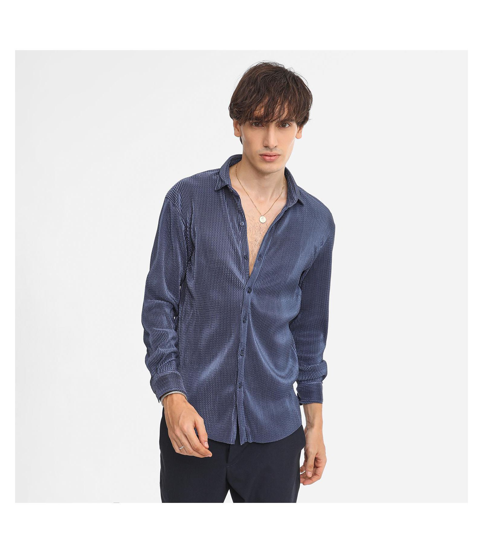 Мужская рубашка Campus Sutra Navy Blue Textured-Pleat