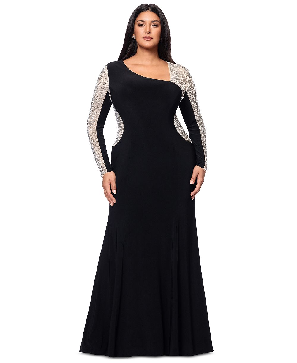 XSCAPE Plus Size Asymmetrical Rhinestone-Mesh-Sleeve Gown