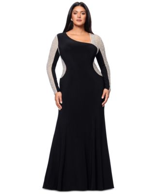 XSCAPE Plus Size Asymmetrical Rhinestone-Mesh-Sleeve Gown