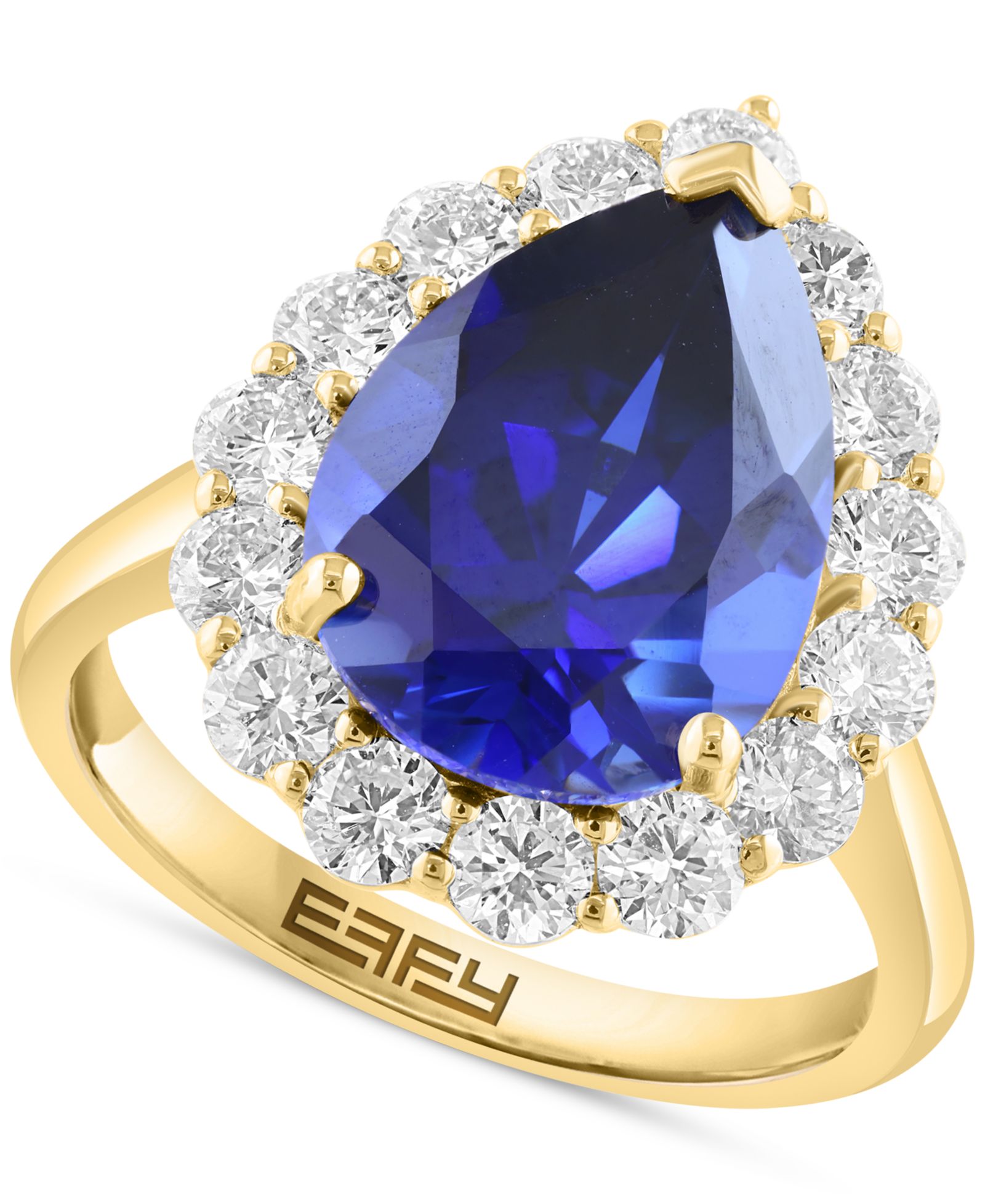 EFFY® Pear-Shape Lab Grown Emerald (4-1/5 ct. t.w.) & Lab Grown Diamond (1-1/3 ct. t.w.) Halo Ring in 14k Yellow Gold (Also in lab-grown Sapphire)