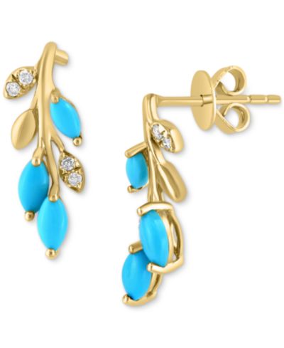 Серьги-подвески EFFY® Turquoise & Diamond (1/20 ct. t.w) Branch Drop в 14k Yellow Gold