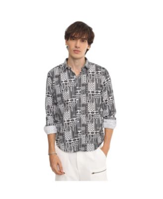 Мужская рубашка Campus Sutra абстрактная геометрическая, цвет off-white и midnight black