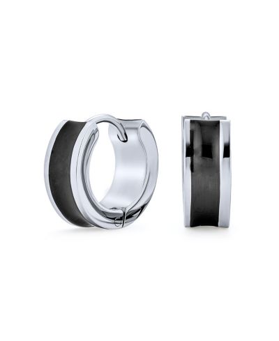 Bling Jewelry Two Tone Striped Black Enamel Huggies Mini Hoop Earrings Stainless Steel