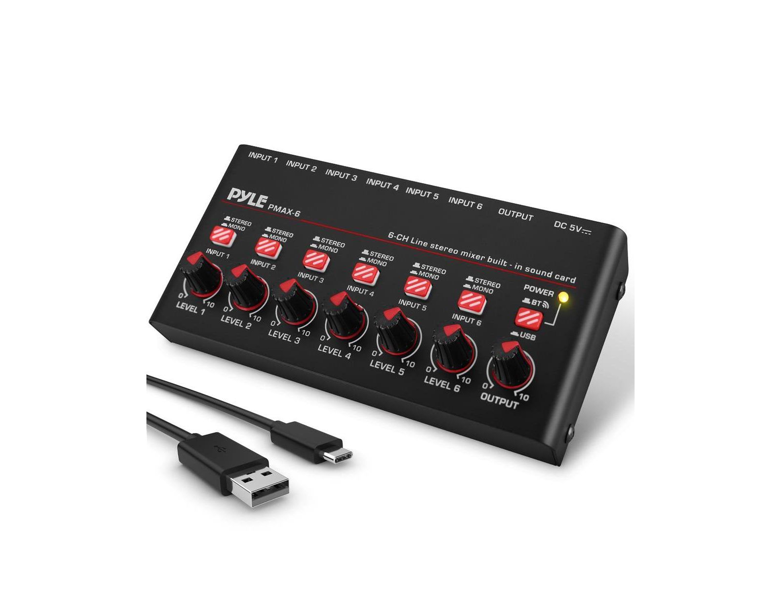 Pyle PMAX6 Compact Bluetooth 5.0 6-Channel USB Audio Interface Mixer