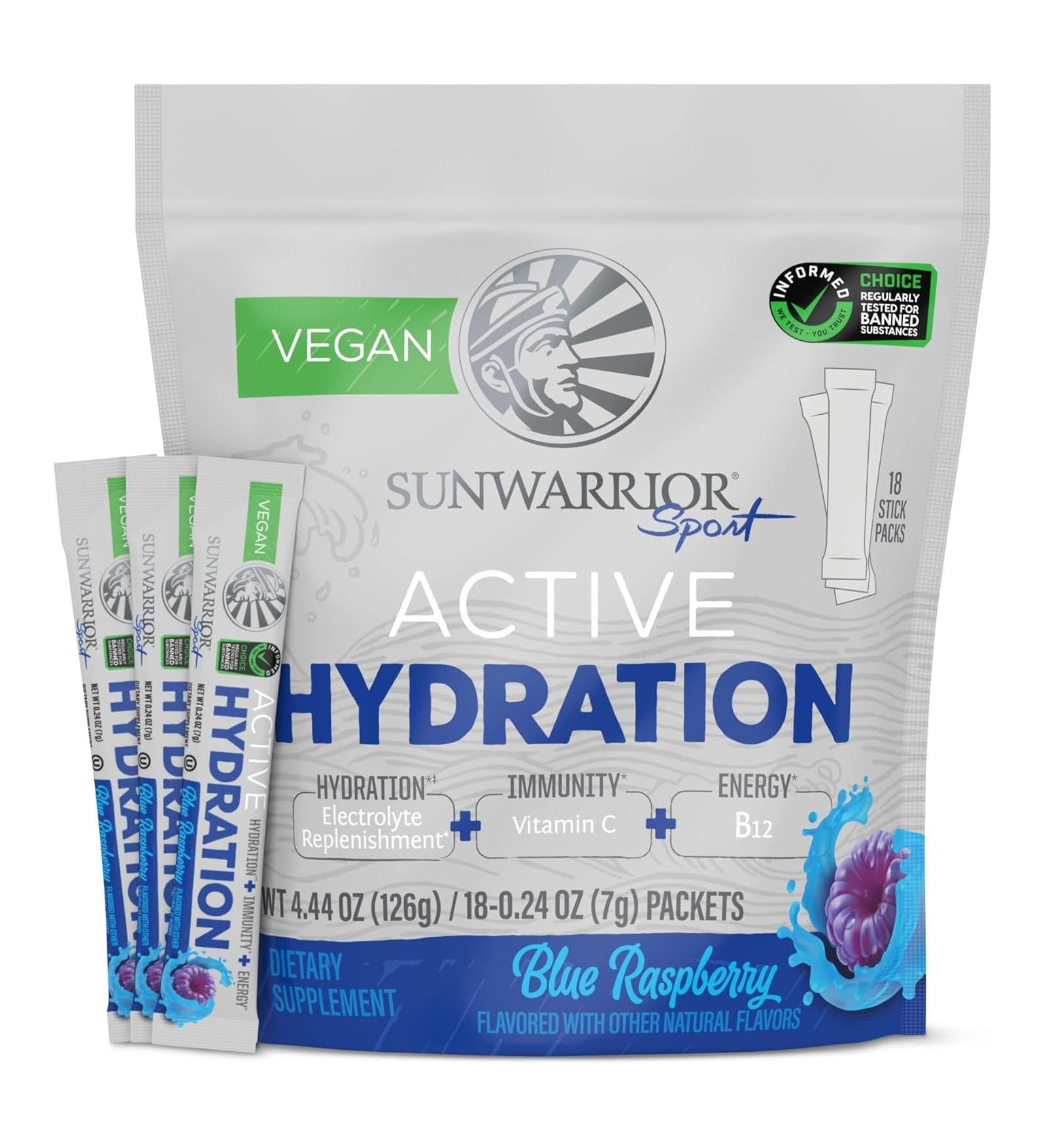 Sunwarrior Active Hydration порошок Blue Raspberry, без сахара, B12, черная смородина и электролиты, 18 стиков 126g