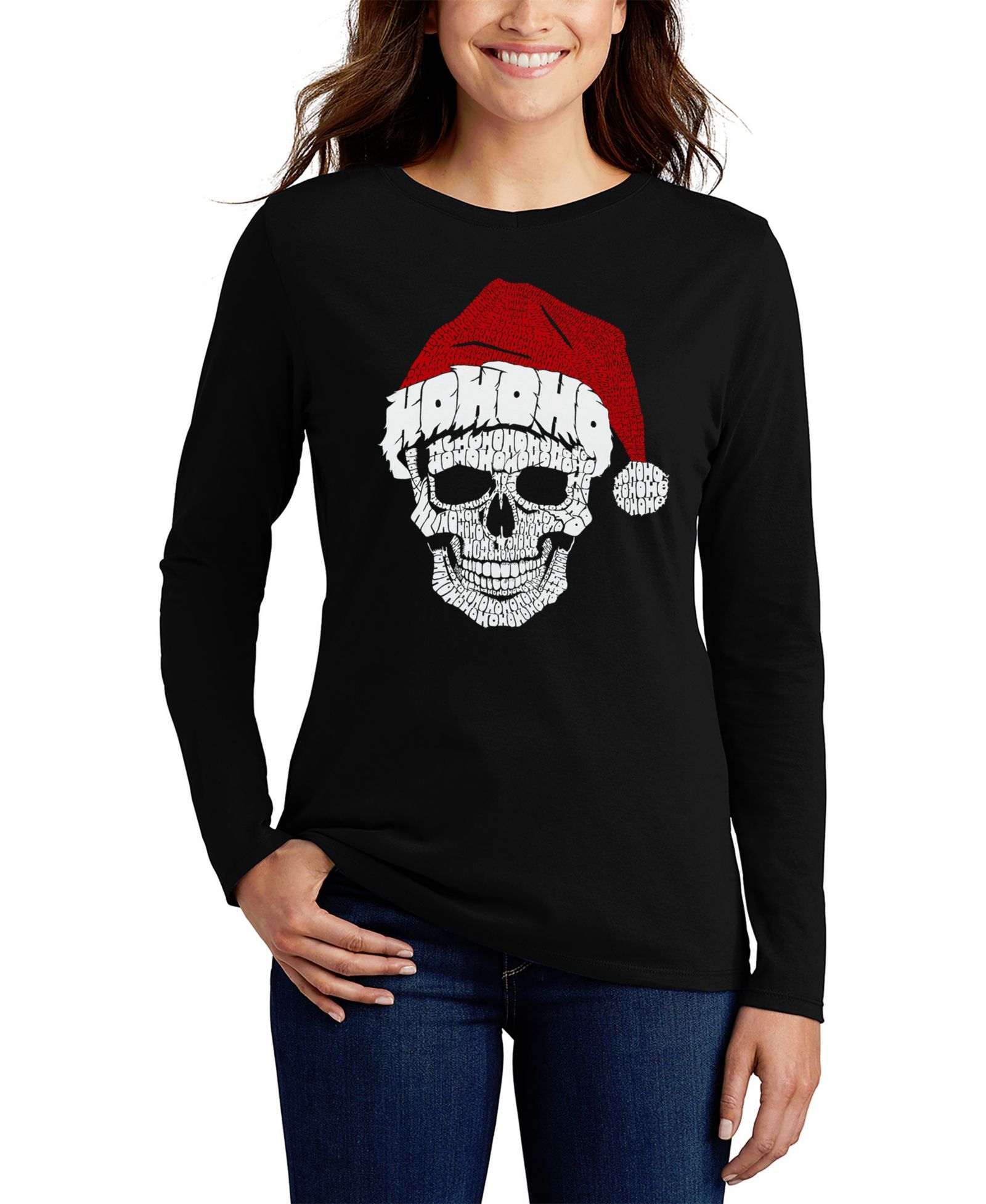LA Pop Art Women's Santa Skull Word Art Long Sleeve T-Shirt