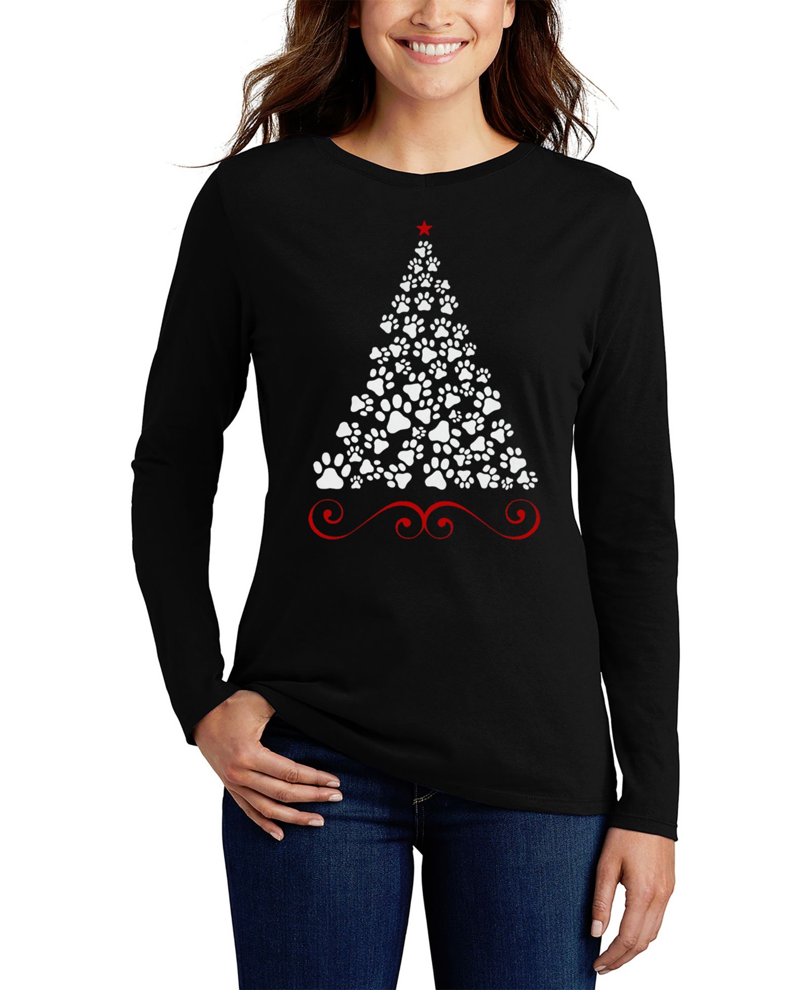 LA Pop Art Женская футболка с длинным рукавом Paw Christmas Tree Art