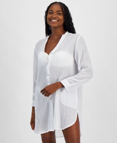 J Valdi Women's Big Shirt Button-Front Long-Sleeve Swim Cover-Up
