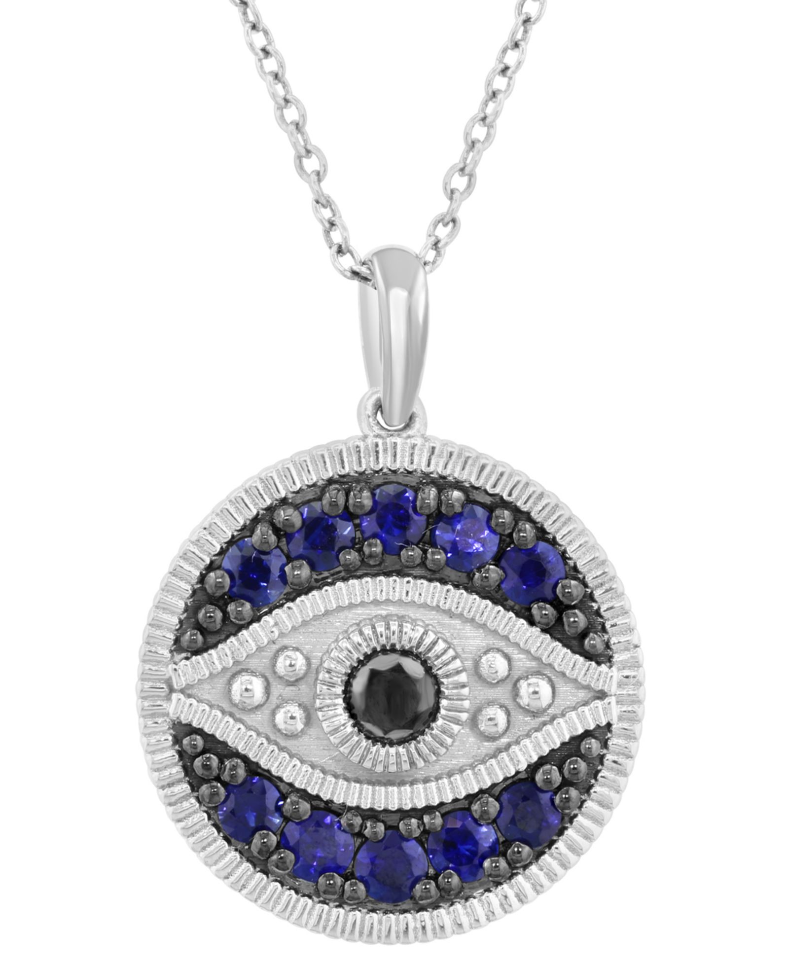 EFFY® Sapphire (3/4 ct. t.w.) & Diamond (1/6 ct. t.w.) Evil Eye 18" Pendant Necklace in Sterling Silver