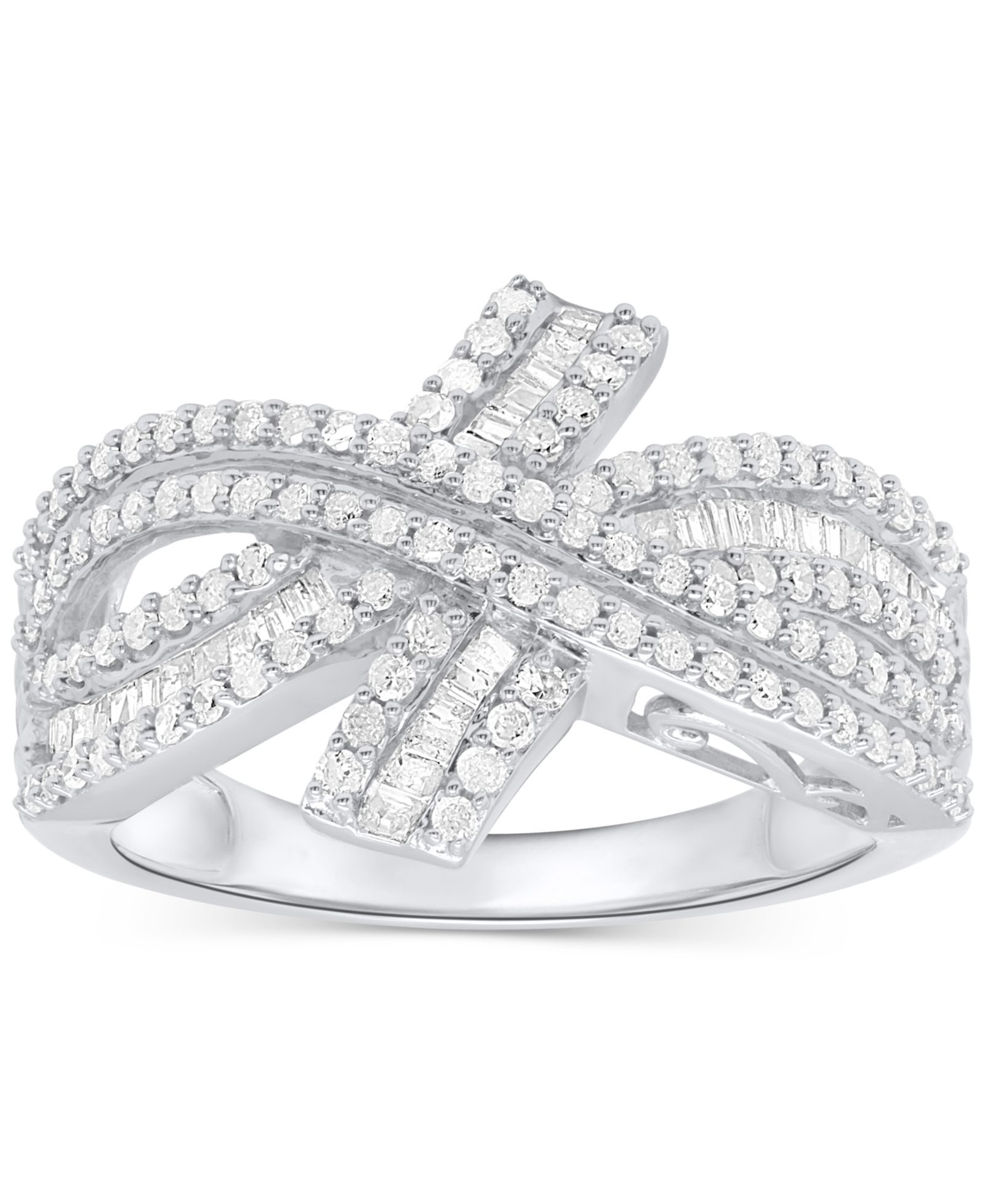 Diamond Round & Baguette Crossover Ring (3/4 ct. t.w.) in Sterling Silver