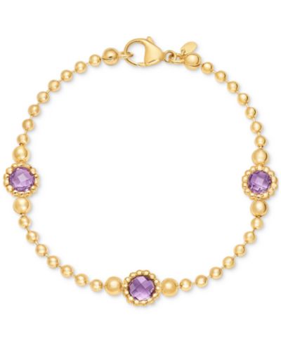 Amethyst Station Bead Link Bracelet in 14k Gold-Plated Onyx, & Sky Blue Topaz)