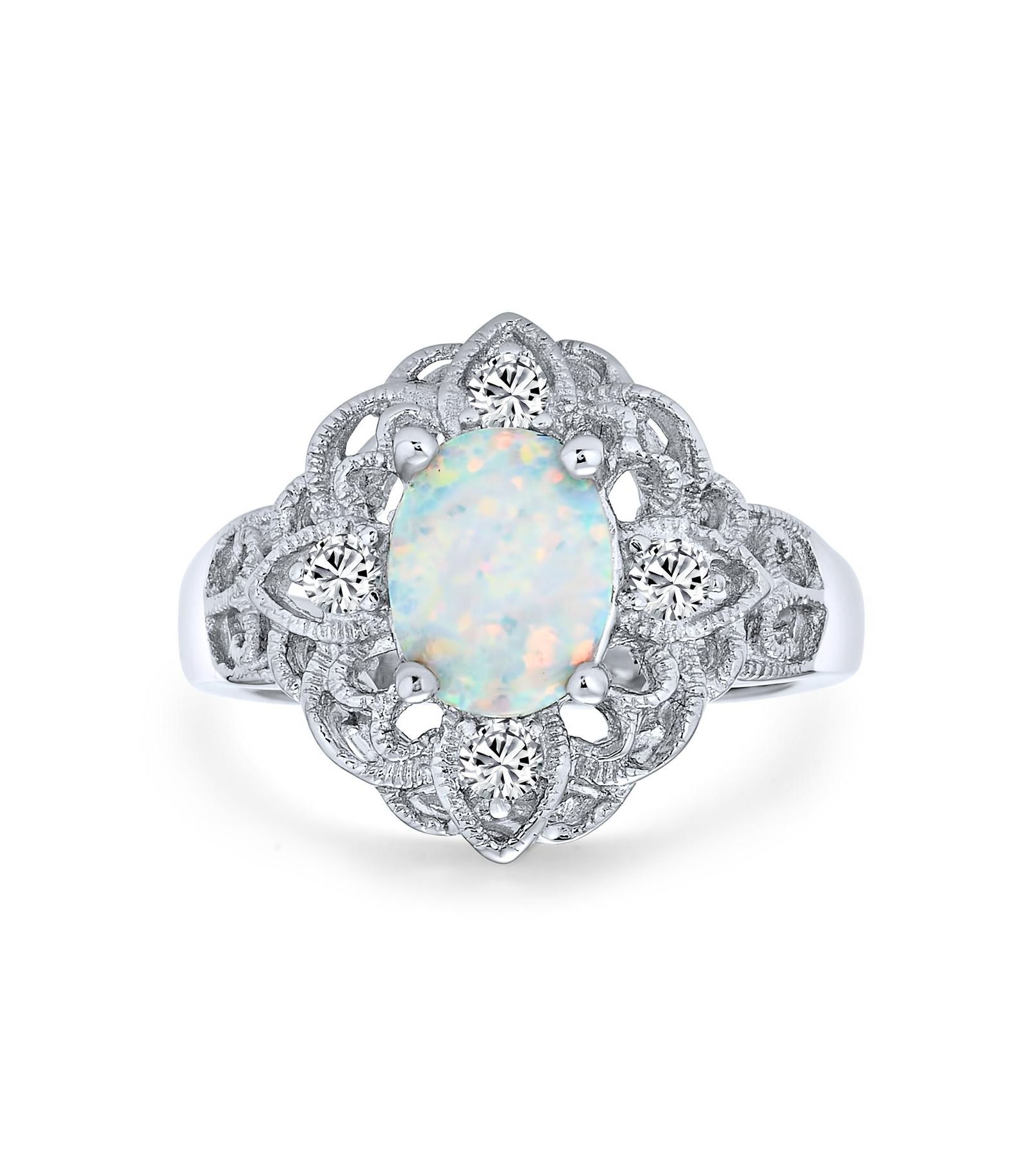 Bling Jewelry Vintage Style White Oval Created Opal Full Finger Ring .925 Sterling Silver