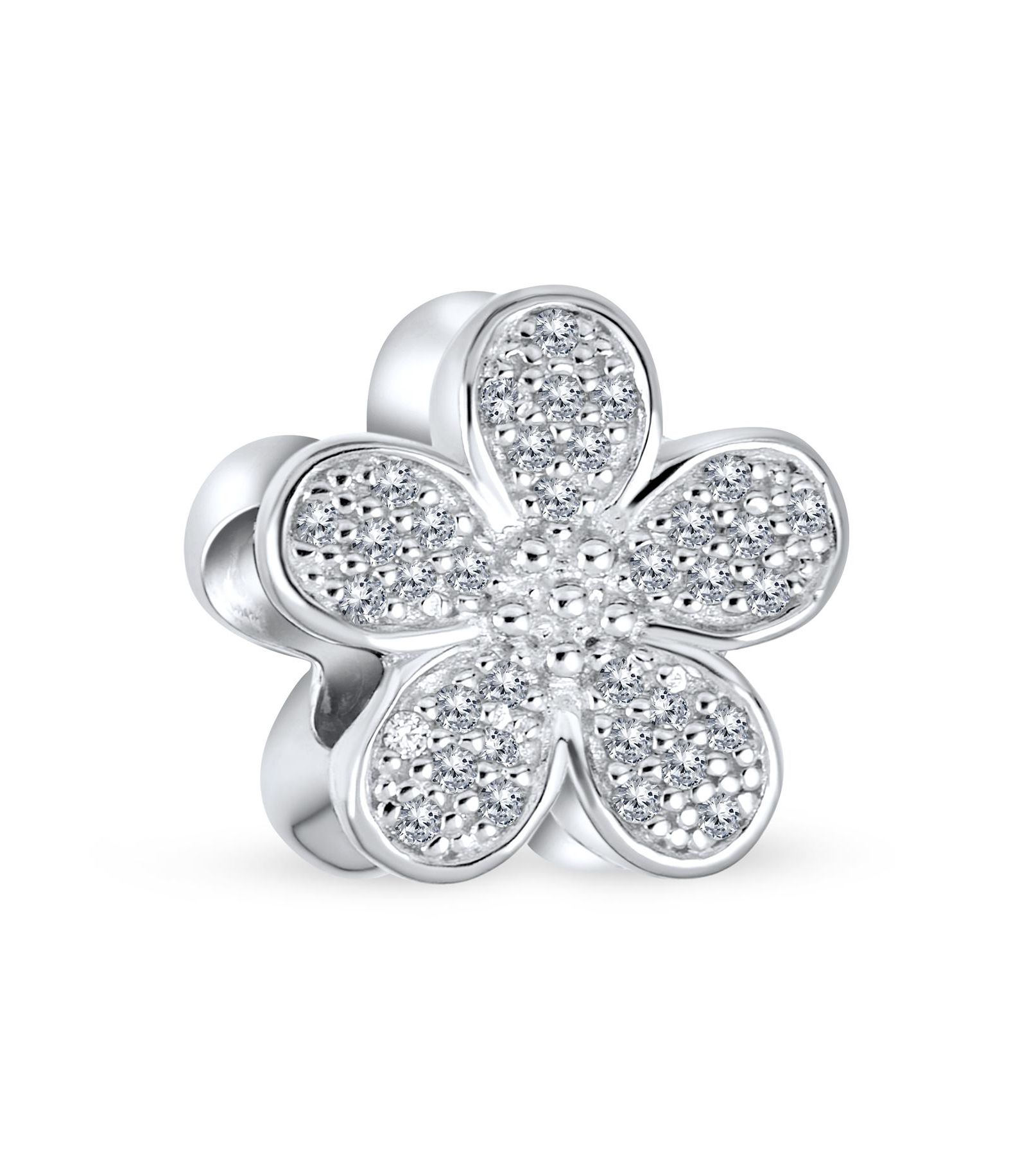 Bling Jewelry Подвеска-бусина в форме цветка Daisy из серебра.925 Sterling Silver с прозрачными камнями CZ Pave для браслета