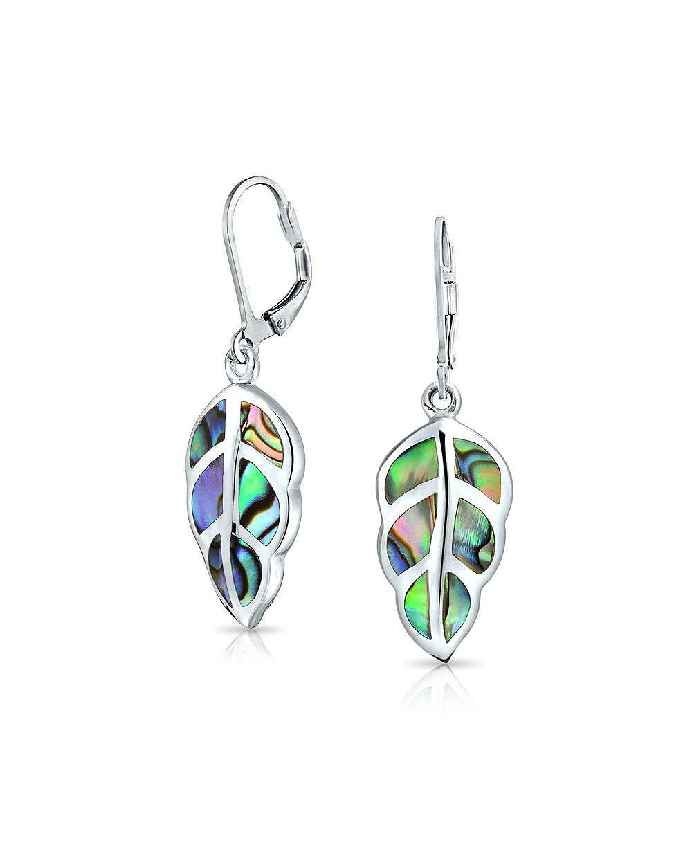 Bling Jewelry Rainbow Created Opal Inlay Leaf Dangle Earrings Sterling Silver Lever Back