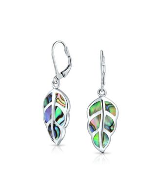 Bling Jewelry Rainbow Created Opal Inlay Leaf Dangle Earrings Sterling Silver Lever Back