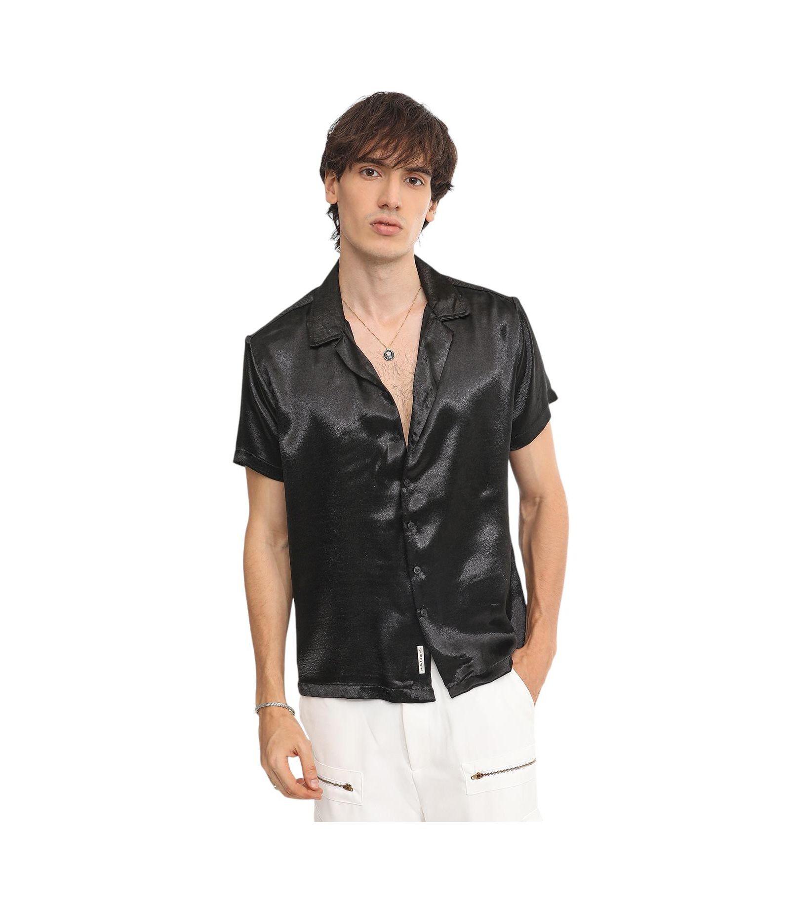 Men's Midnight Black Solid Satin Shirt