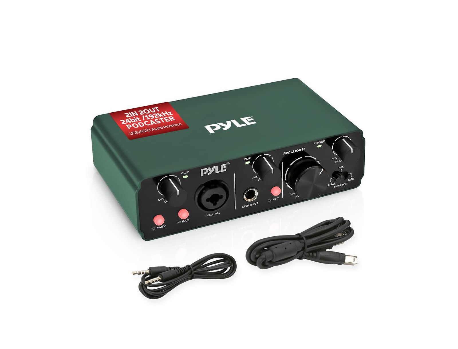 Pyle Podcasting USB/ASIO 2-Input, 2-Output Audio Interface Compatible with Android, iOS, macOS, and Windows