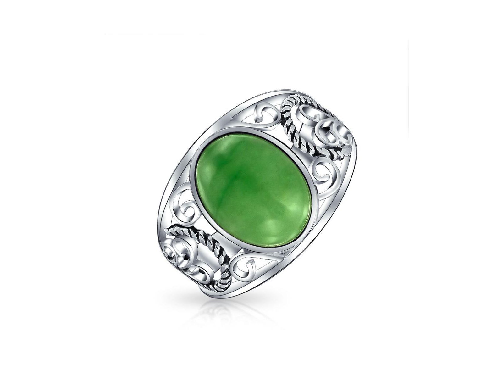Bling Jewelry Bali Style Green Jade Cabochon Statement Ring Scroll Band Sterling Silver
