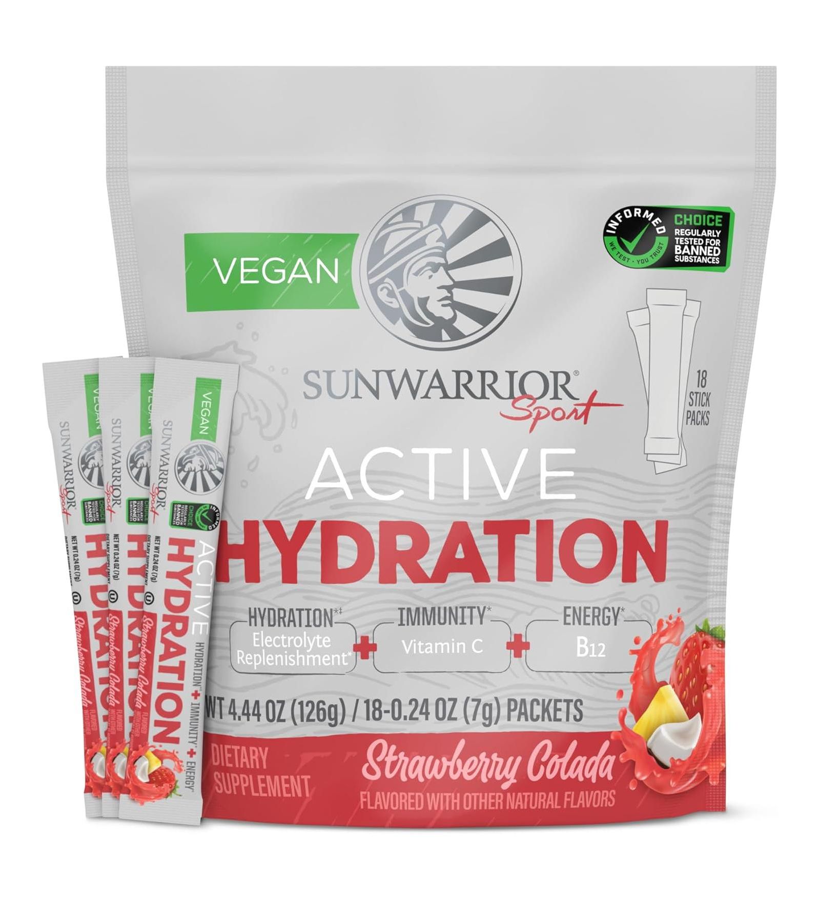 Порошок Sunwarrior Active Hydration Strawberry Colada, без сахара, с витамином B12 и электролитами, 126g