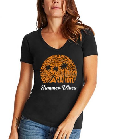 LA Pop Art Women's Summer Vibes Word Art V-Neck T-shirt