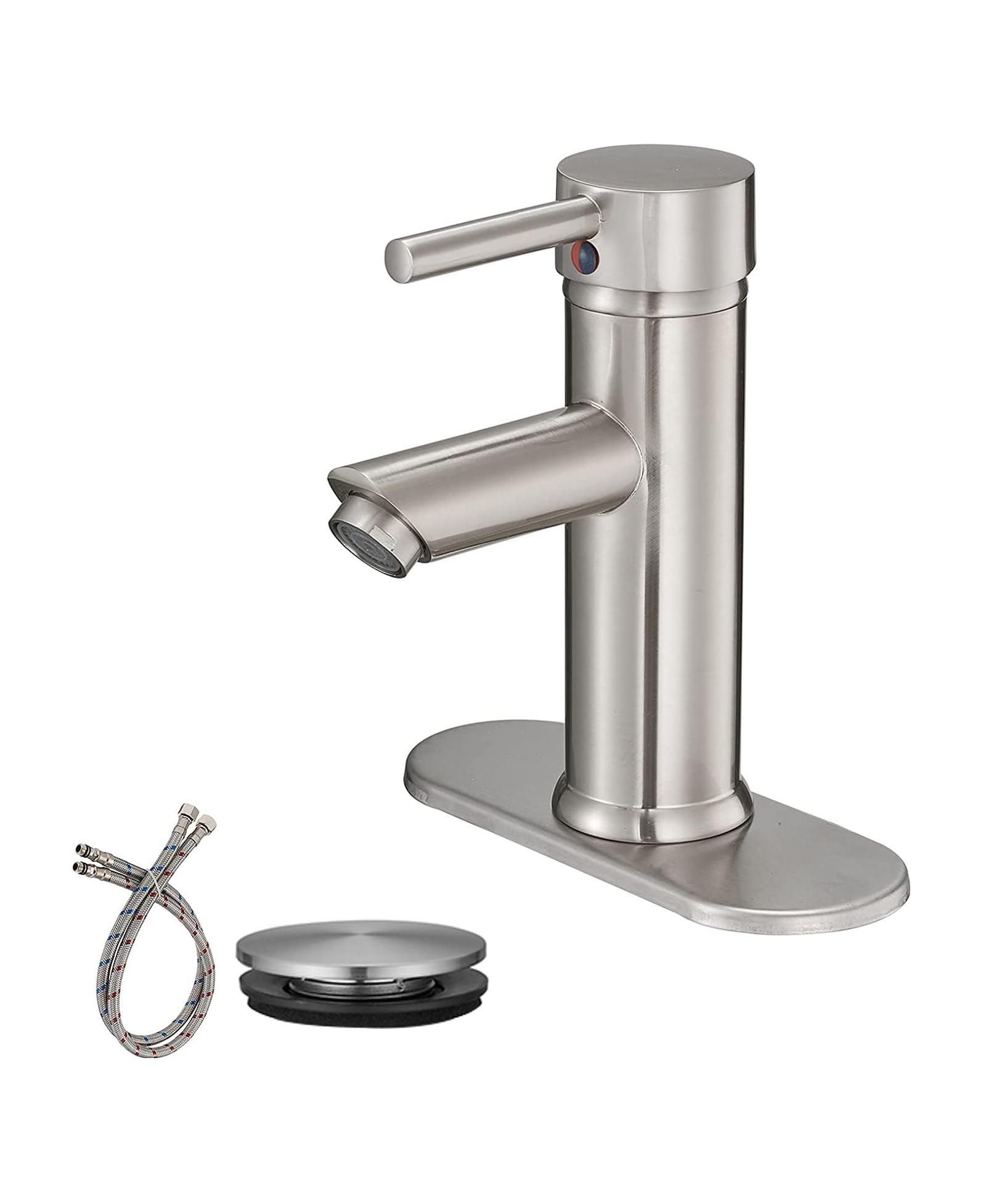 Greenspring Brushed Nickel Bathroom Faucet, Single Hole & Handle, Water-Saving Aerator Spout, Pop-Up Drain & Supply Line, Lead-Free
