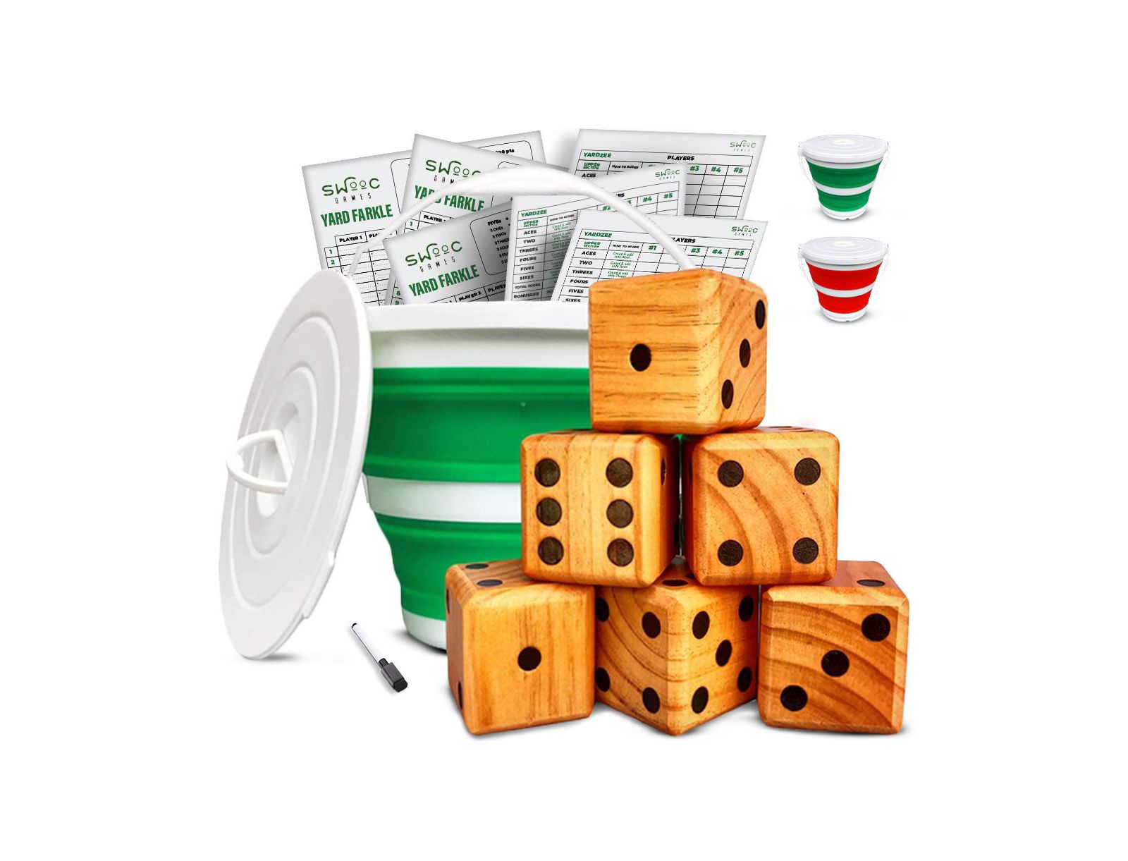 Yardzee, Farkle & 20+ Games Классическая красная версия (All Weather) с красным складным ведром, крышкой и карточками счета