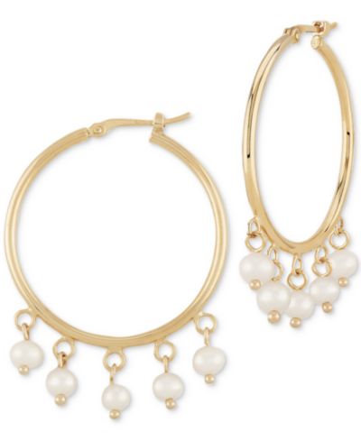 Серьги-кольца с жемчугом White Pearl (3mm) из желтого золота 14k