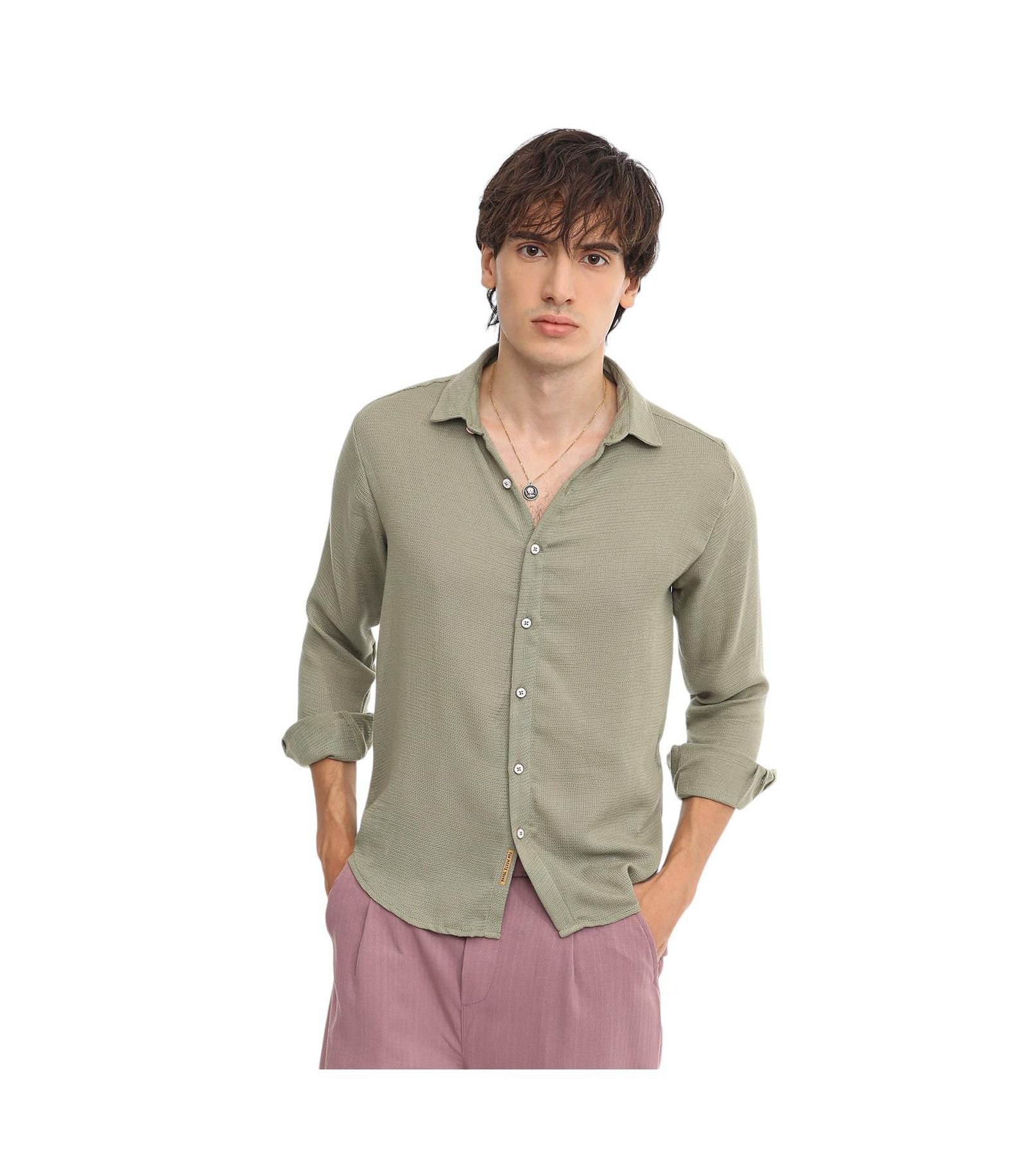Men's Sage Green Woven-Textured Shirt
