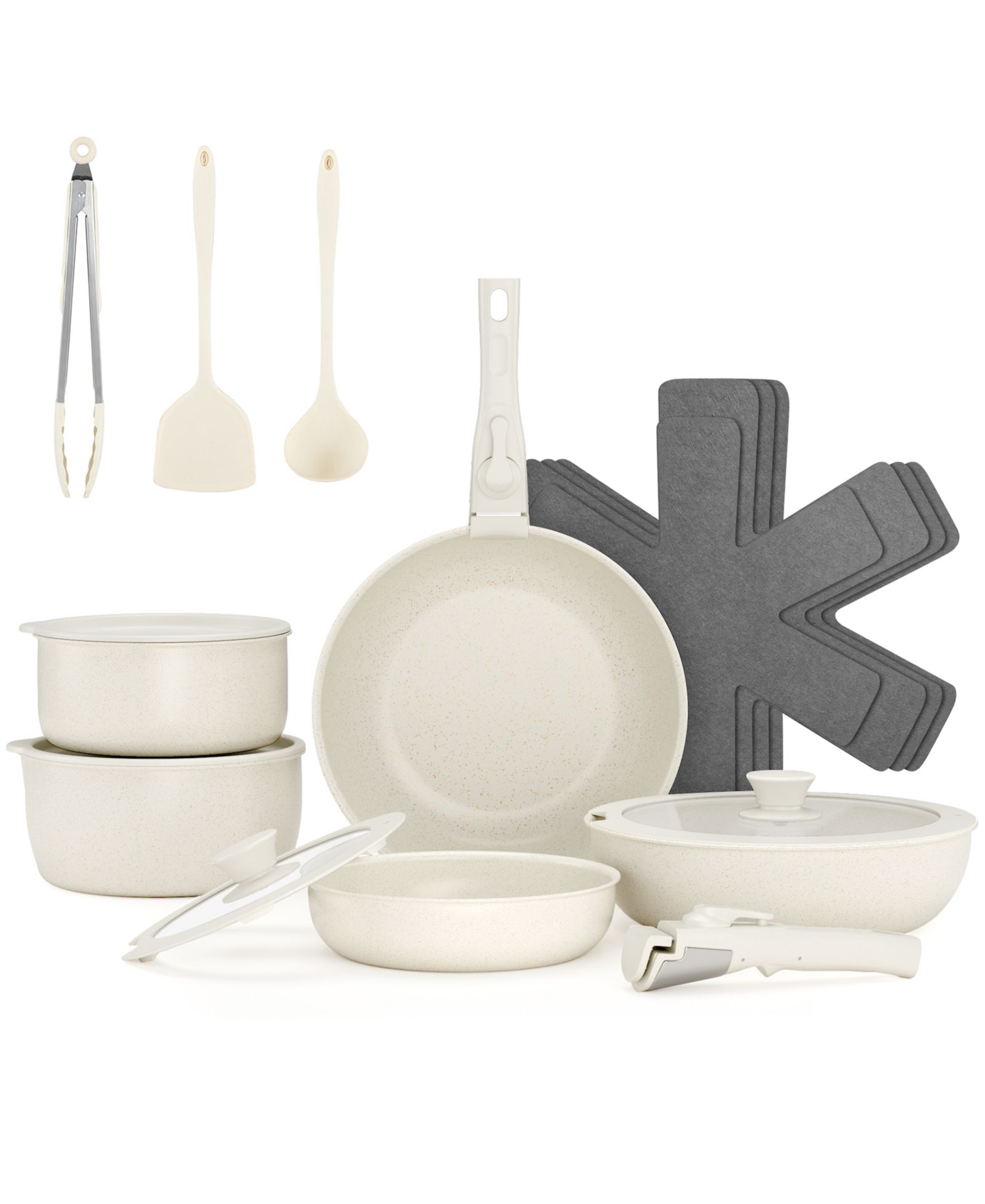 SUGIFT 18-Piece Non-Stick Cookware Set with Silicone Tools, Detachable Handles, Space-Saving Design for All Stovetops