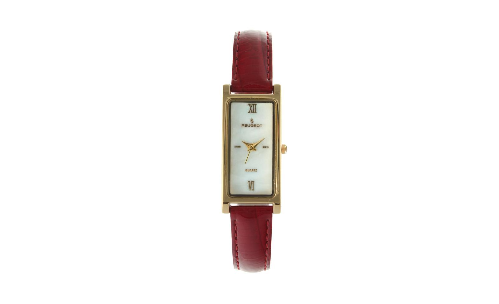 Peugeot Women's Rectangular Gold-Tone Case Watch Glossy Red Leather Strap
