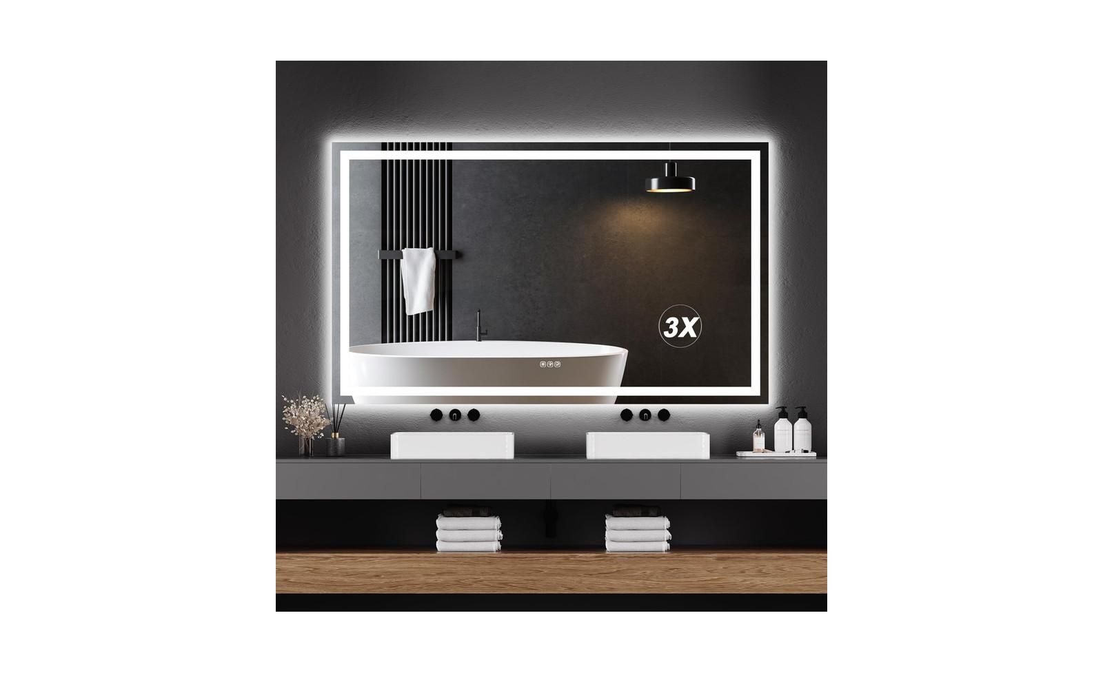 gaomon LED Bathroom Mirror 60X36“ Wall-Mounted Vanity Mirrors Stepless Dimmable Wall Mirrors with 3X Magnification, Anti-Fog, Backlit + Front Lit, Memory Function, Waterproof, Tempered Glass