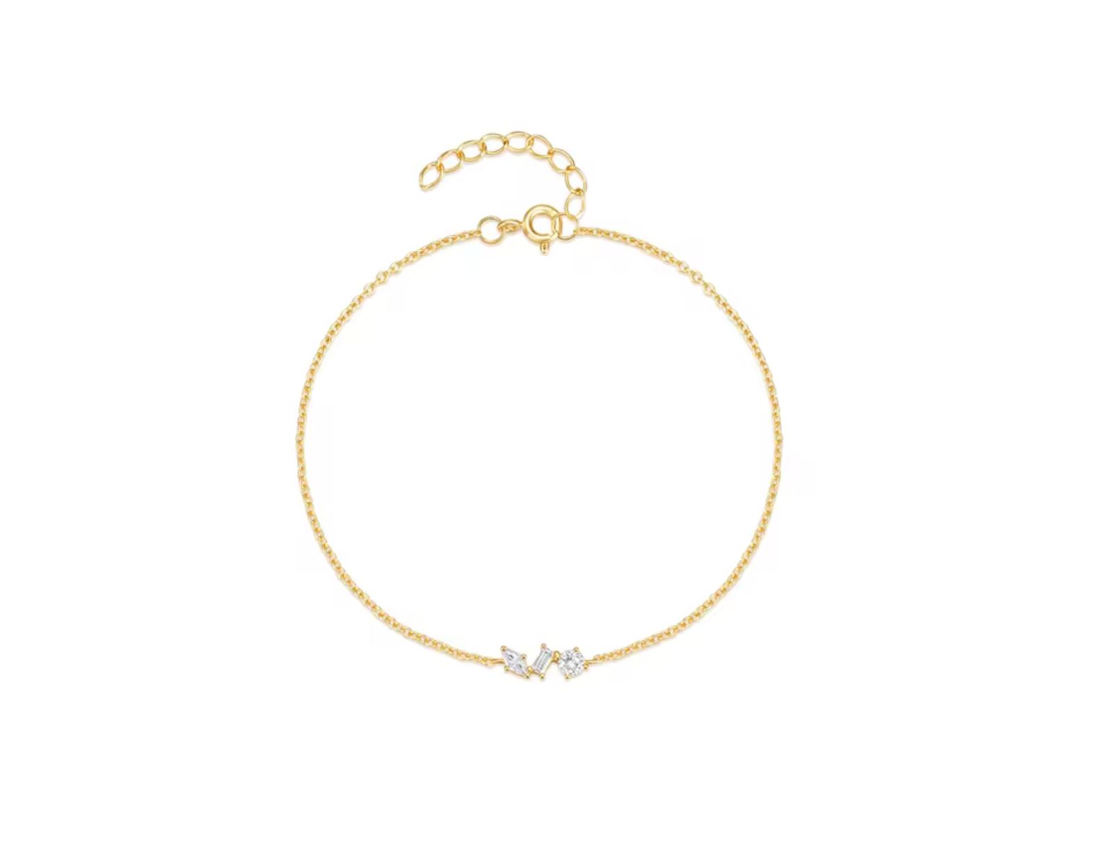 Hollywood Sensation 18K Gold Plated Sterling Silver Chain Link Bracelet with Round, Pear, and Emerald Cut Cubic Zirconia Stones