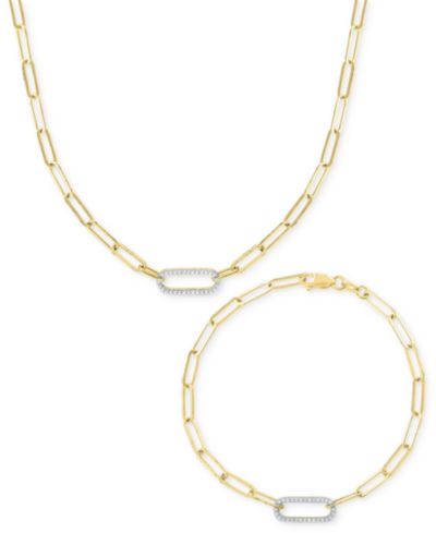 Macy's комплект из 2 предметов: колье и браслет Diamond Paperclip Link (1/4 ct. t.w.) в позолоченном серебре 14k