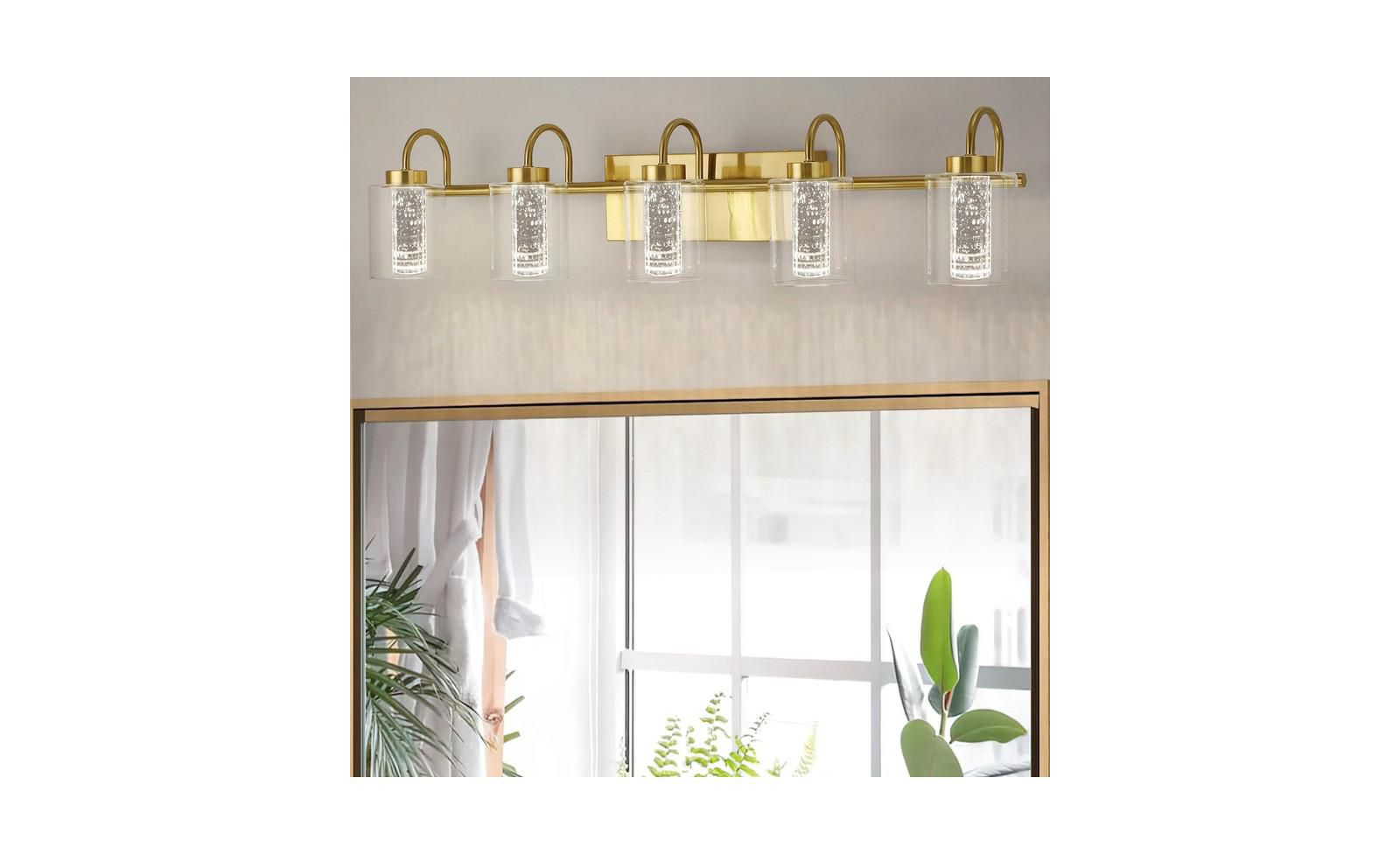 gaomon 5 Light Brushed Gold Bathroom Light Fixtures, Vanity Lights Crystal Bubble Glass Dimmable 3 Color Temperatures Modern Bathroom Wall Sconce for Bathroom Hallway Kitchen Bedroom Living Room