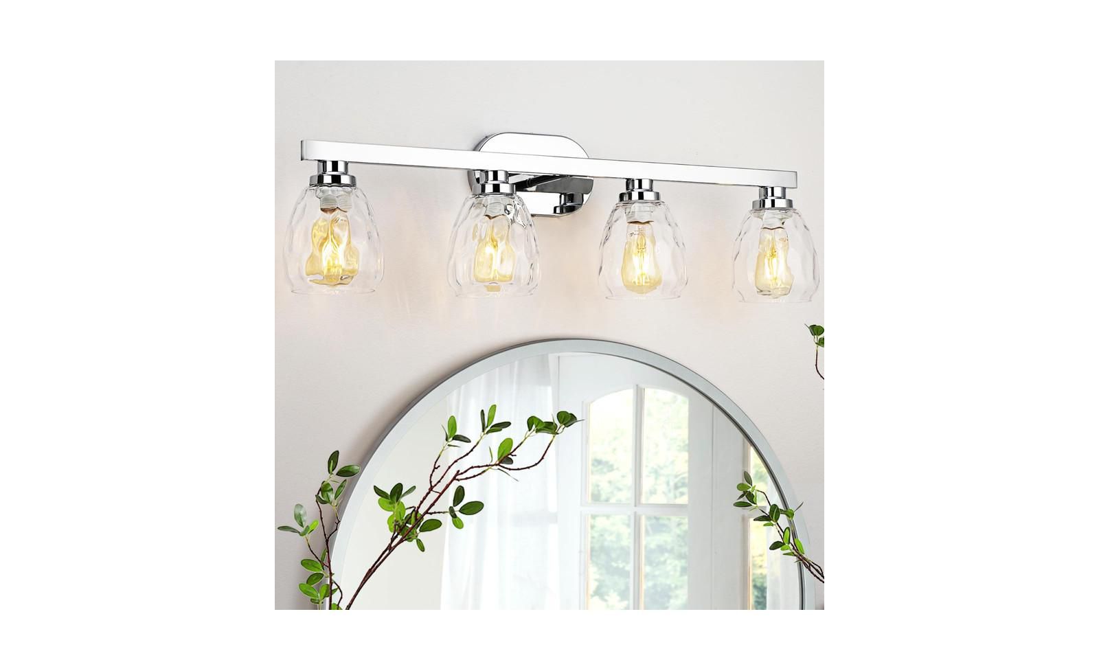 gaomon 4 Light Bathroom Light Fixtures Chrome with Hammered Glass Shade, Vanity Lighting Fixtures Over Mirror Wall Mount E26 Socket for Hallway Kitchen Bedroom Living Room