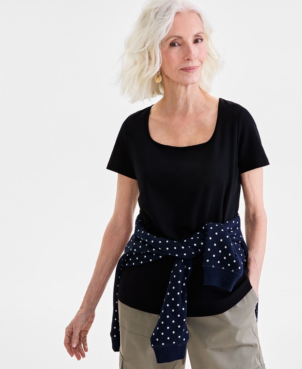 Style & Co Women's Cotton Square-Neck Short-Sleeve T-Shirt, Exclusively at Macy's
