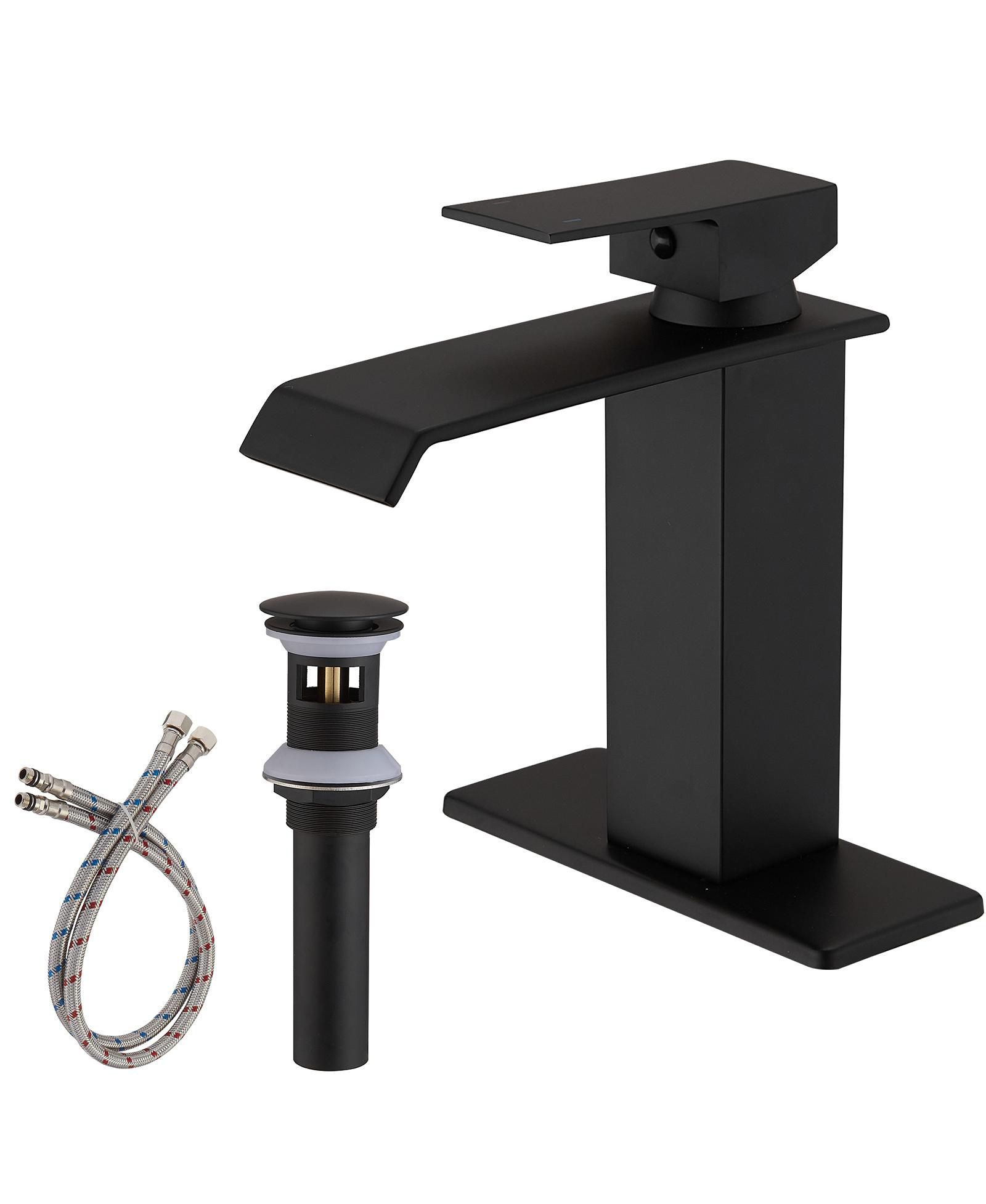 Waterfall Single Hole Single-Handle Low-Arc Bathroom Faucet с Pop-up Drain Assembly в Matte Black