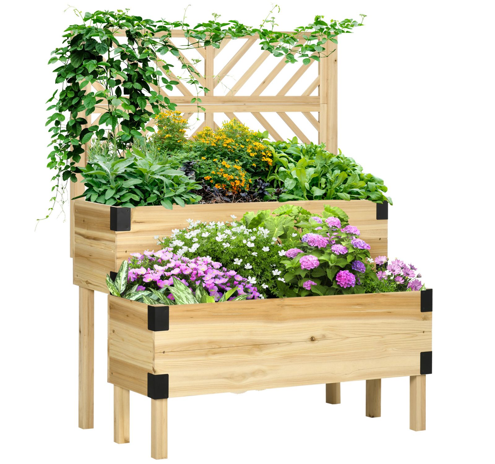 Streamdale Furniture Raised Garden Bed with Trellis, 2 Tier Wooden Elevated Planter Box with Legs and Metal Corners for Vegetables, Flowers, Herbs, Natural