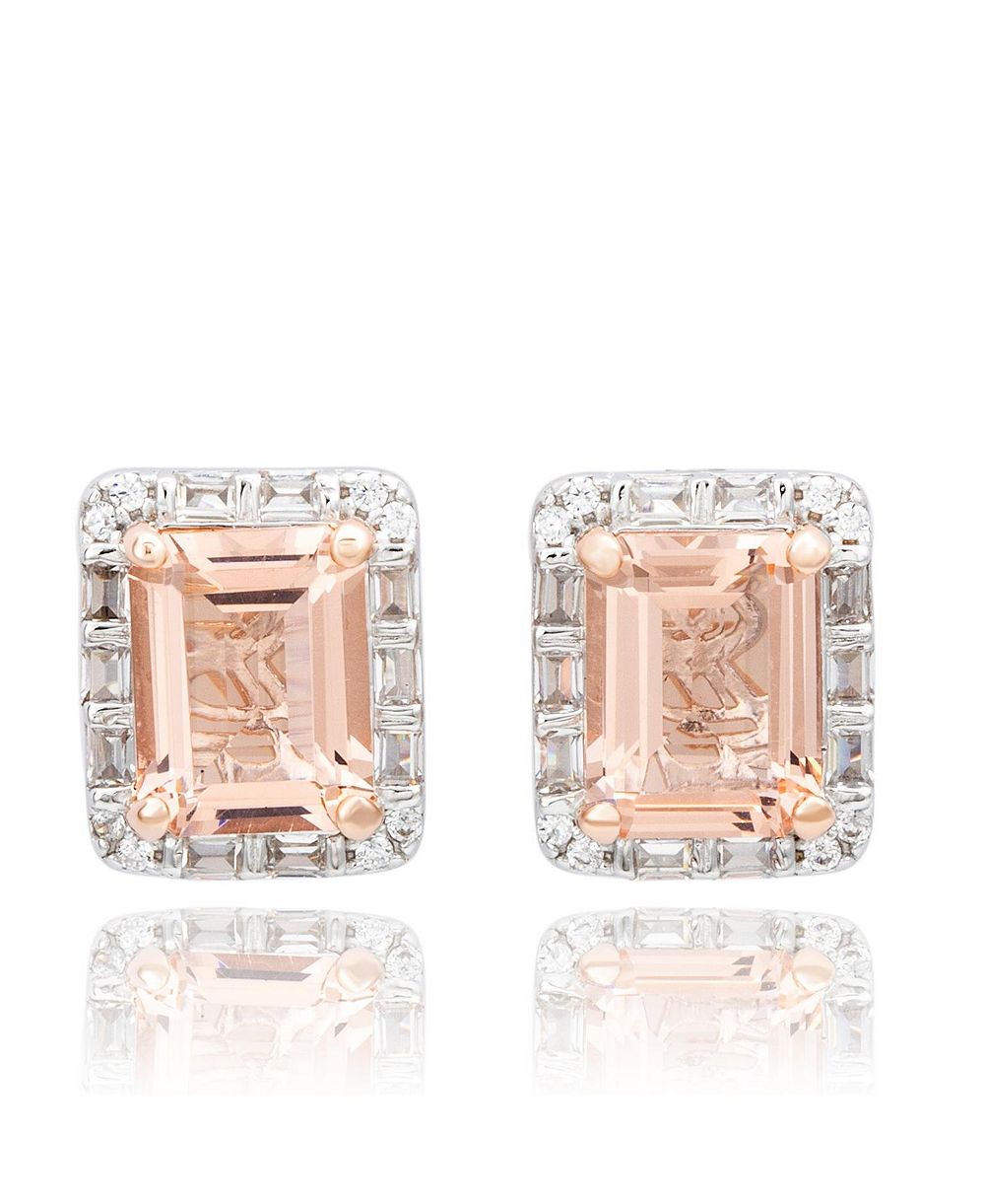 Suzy Levian Sterling Silver Emerald Cut Pink and White CZ Stud Earrings