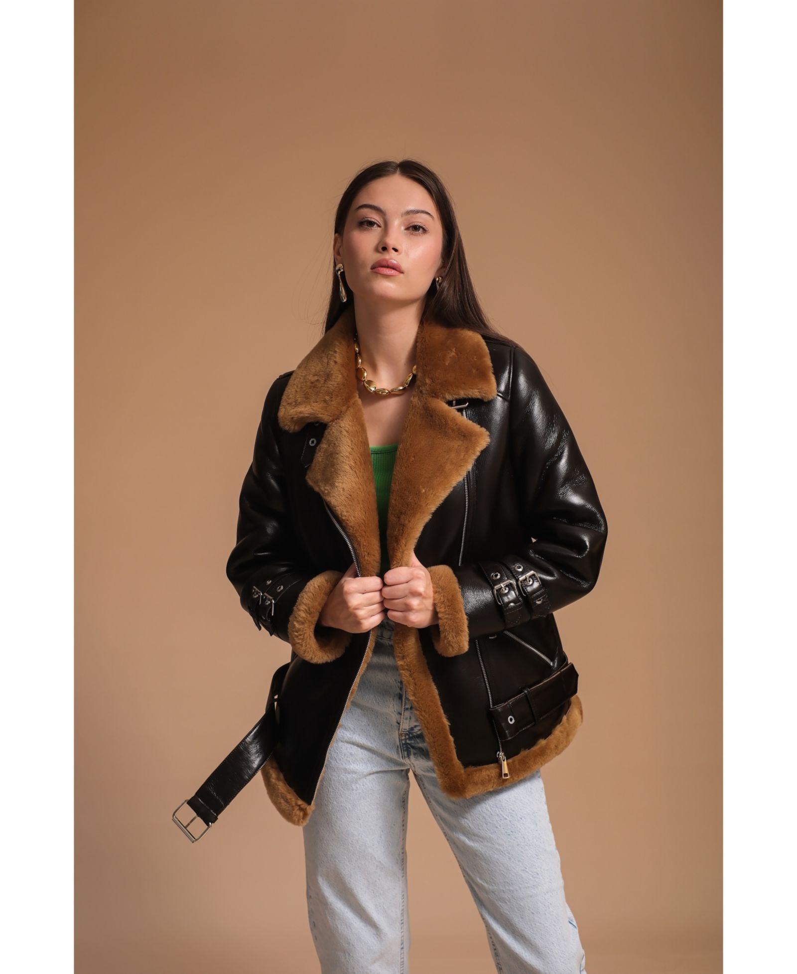Furniq UK Women's Harriet Shearling Leather Biker Jacket