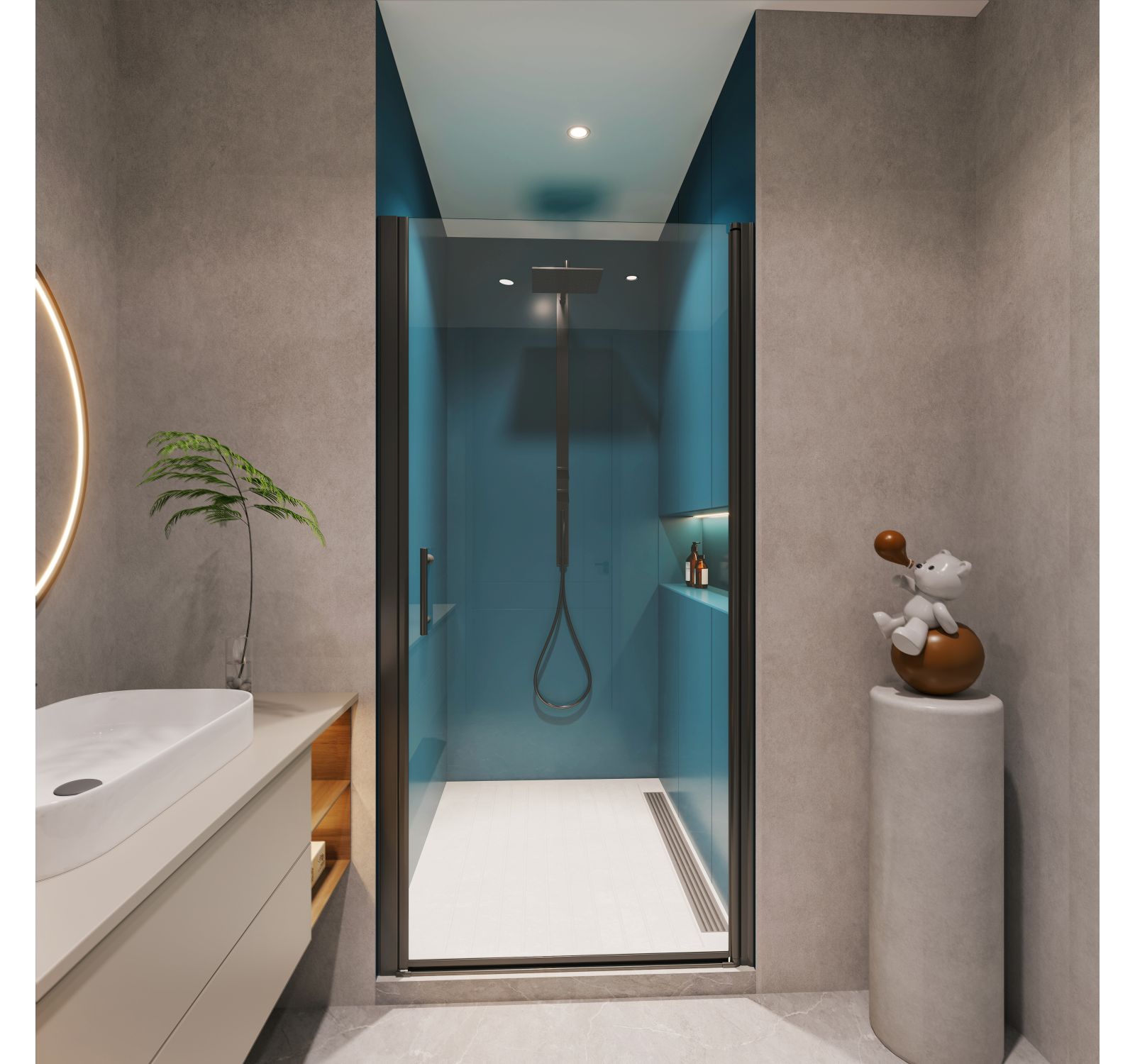 1 3/8" adjustment, universal pivot shower door, open outside, with 1/4" tempered glass