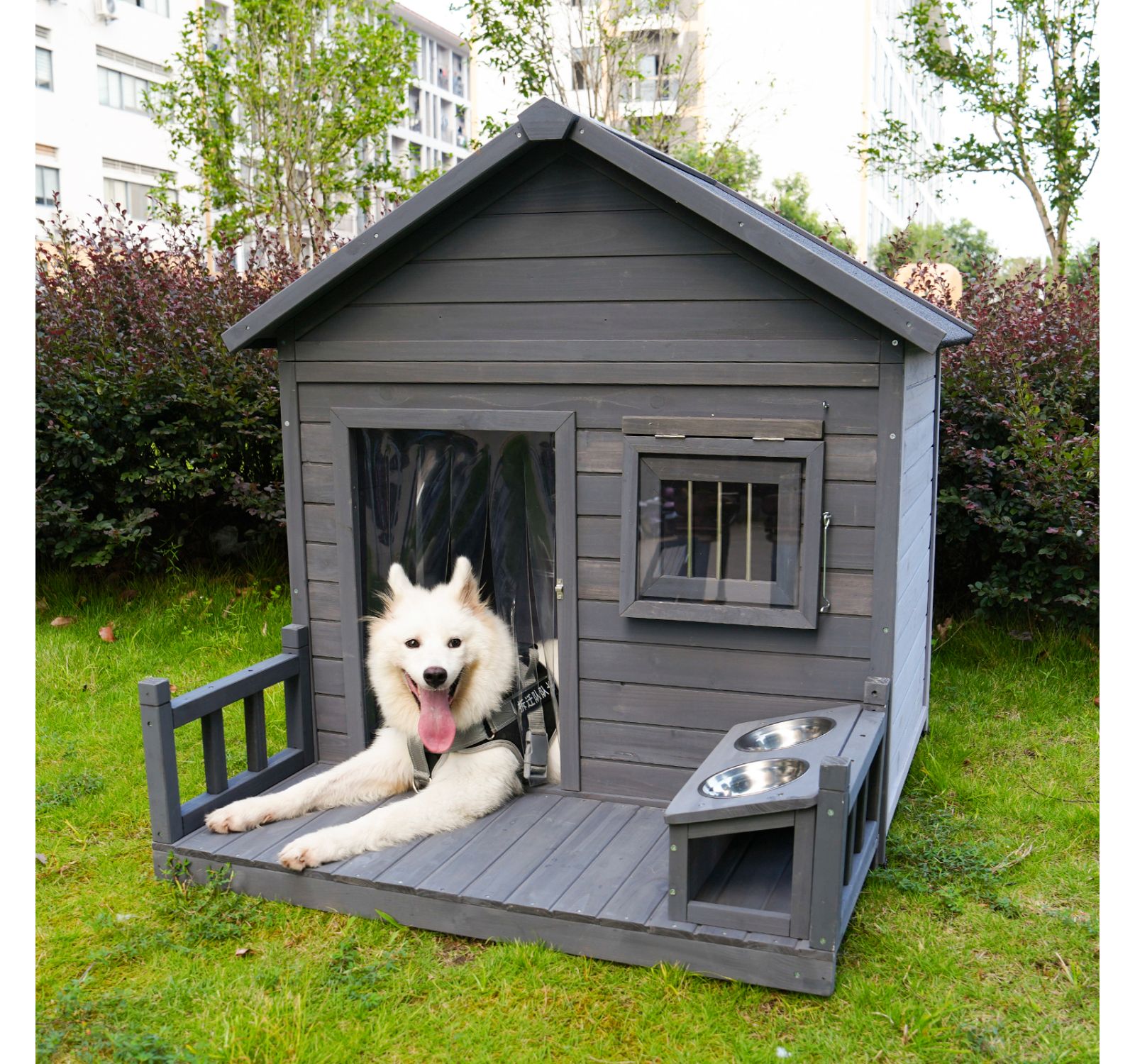 Деревянная будка для собак Streamdale Spacious Solid Wood с террасой и миской