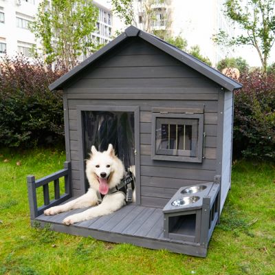 Streamdale Spacious Solid Wood Dog House with Terrace & Bowl