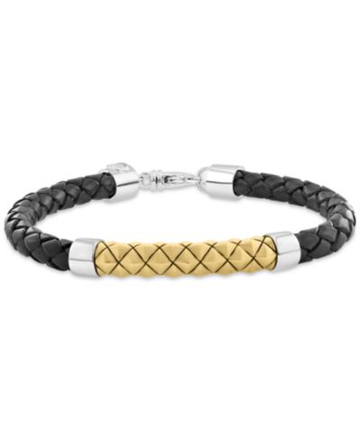 EFFY® Men's Braided Leather Bracelet in 18k Yellow Gold Over Sterling Silver & Sterling Silver