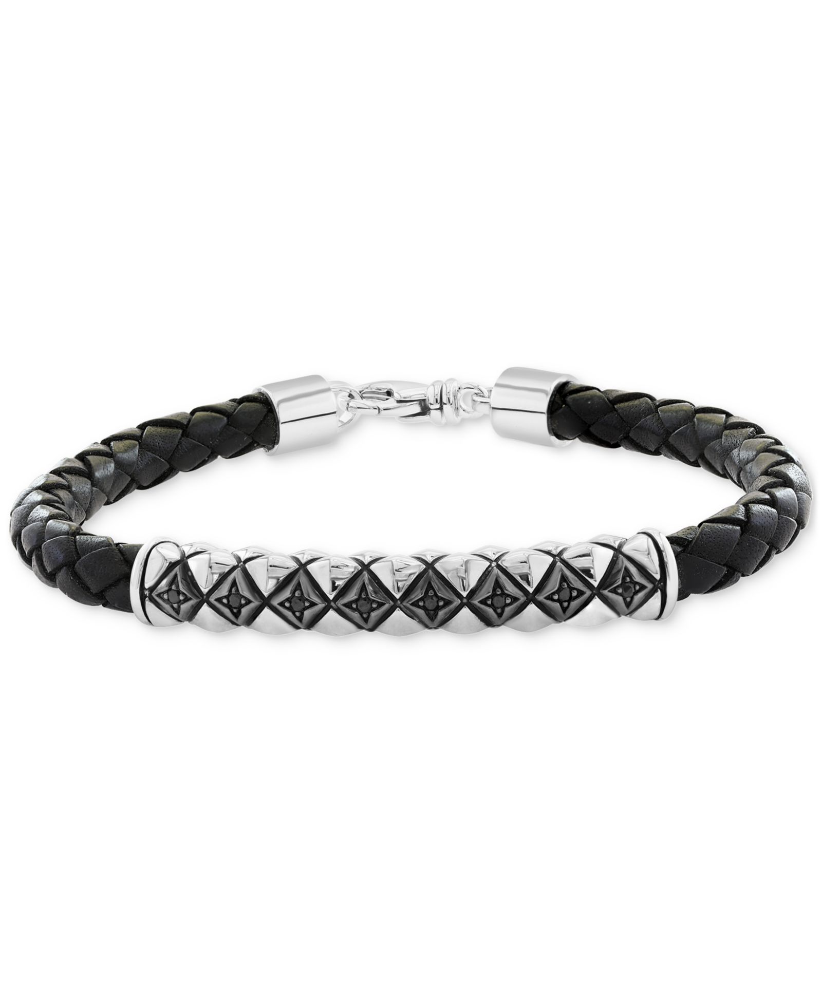 EFFY® Men's Black Spinel Woven Black Leather Bracelet (1/6 ct. t.w.) in Sterling Silver