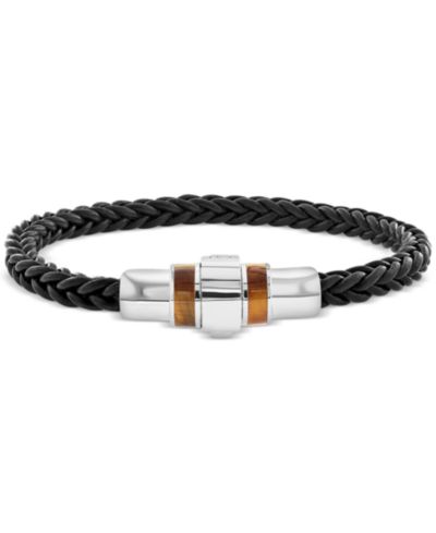 EFFY® Men's Tiger's Eye (12 x 5mm) Braided Leather Bracelet in Sterling Silver