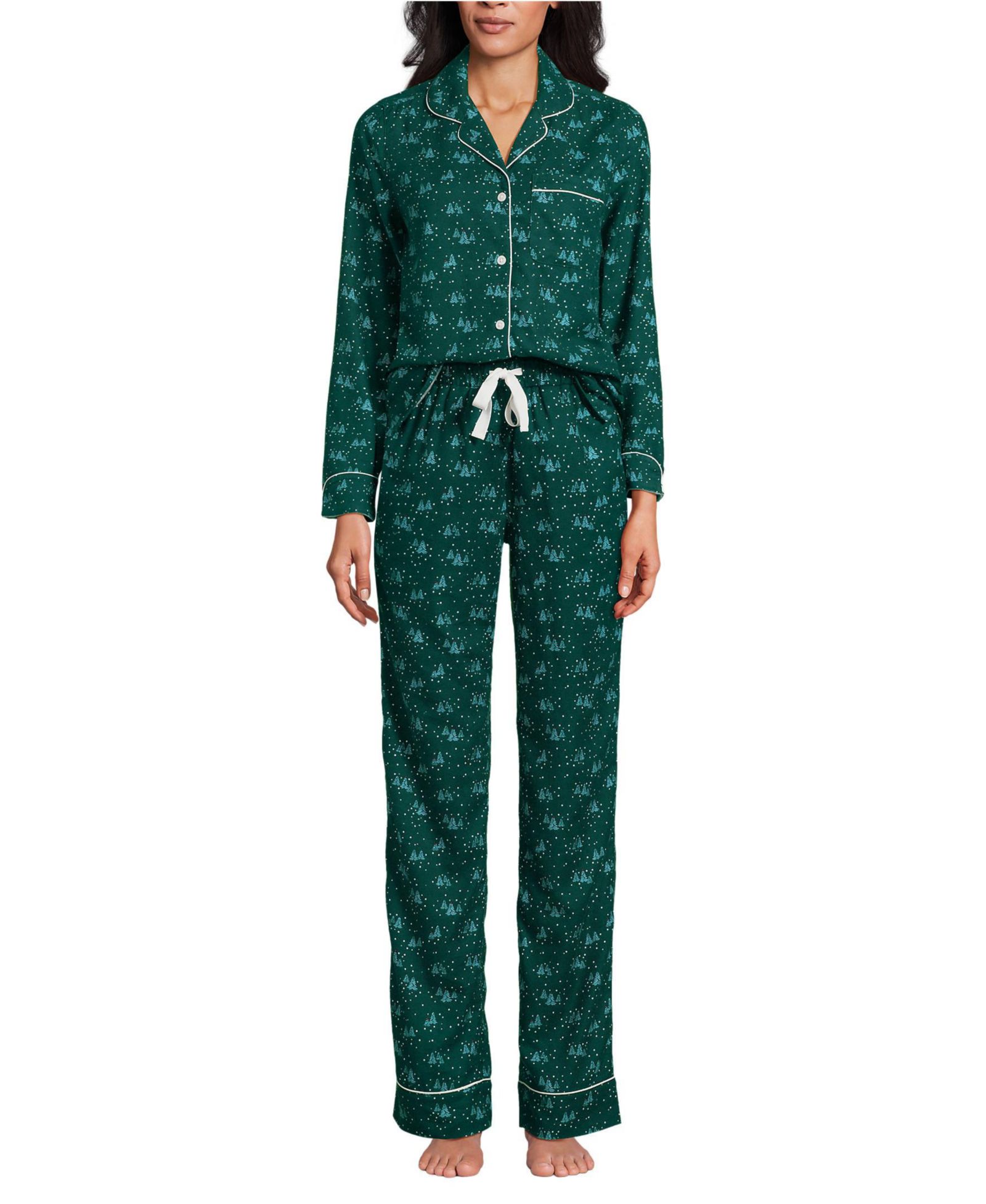 Lands' End Women's Drapey Flannel 4 Piece Pajama Set - Long Sleeve Top and Pants Robe and Bag