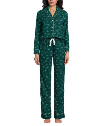 Lands' End Women's Drapey Flannel 4 Piece Pajama Set - Long Sleeve Top and Pants Robe and Bag