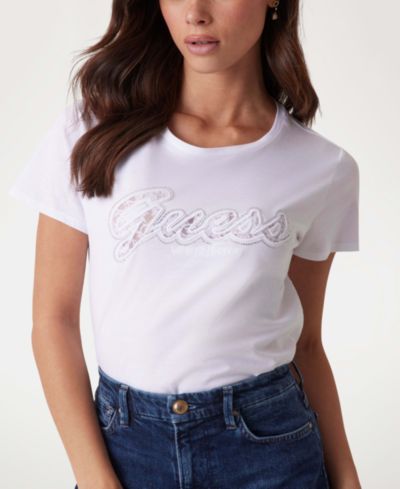 Женская хлопковая футболка GUESS с логотипом из кружева