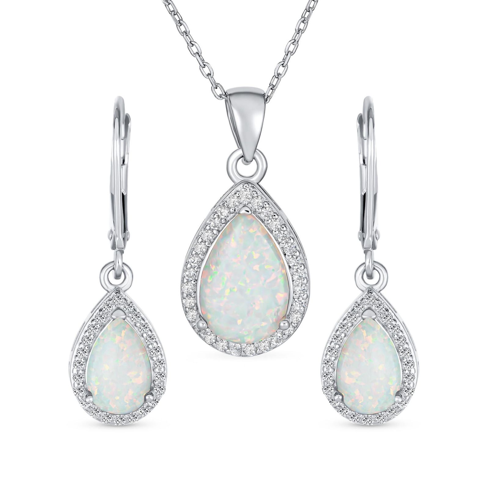 Ювелирный набор Bling Jewelry: кулон и серьги с белым опалом и CZ Halo Solitaire